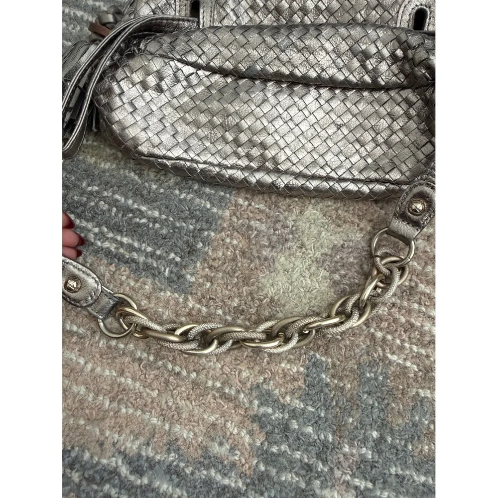 Elliott Lucca Pewter Woven Leather Shoulder Bag Metallic Y2K Tassel